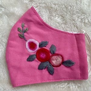 Pure Linen face mask - hand embroidered- Pink